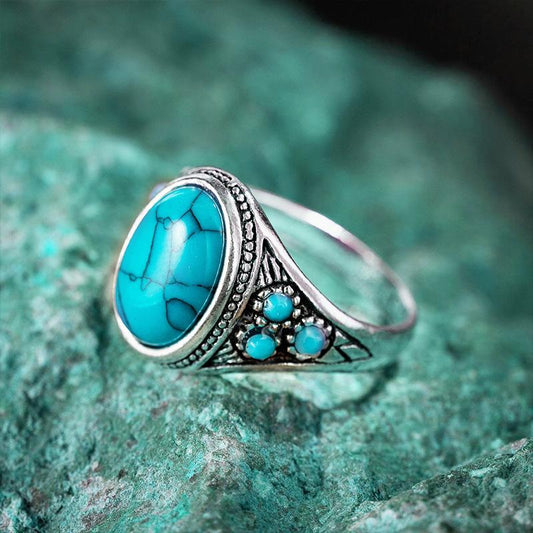 Ethnic Style Retro Imitation Turquoise Couple Ring Men and Women Ring Jewelry