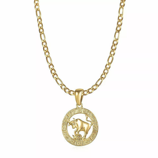 14k Gold Plated Stainless Steel Vintage Zodiac Necklace for Women Men Figaro Link Chains 12 Constellations Pendant